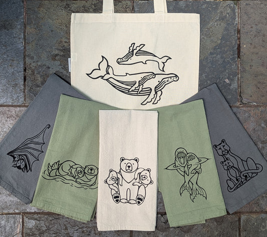 Kate Minelli- Hand Printed Organic Cotton Tote & Kitchen Towel Set